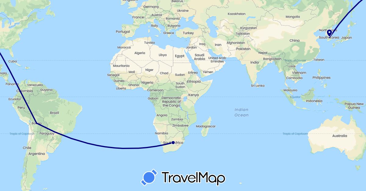 TravelMap itinerary: driving in Bolivia, South Korea, South Africa (Africa, Asia, South America)